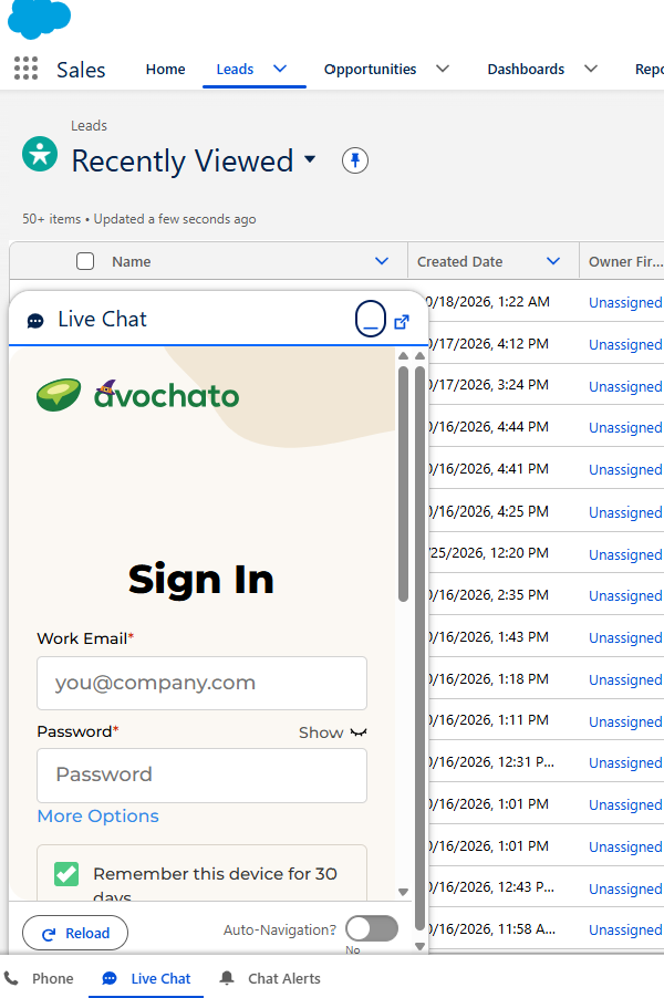 Avochato in the utility bar: Avochato opens from the Salesforce utility bar, next to the phone, so the team can text and chat without leaving their lead list.