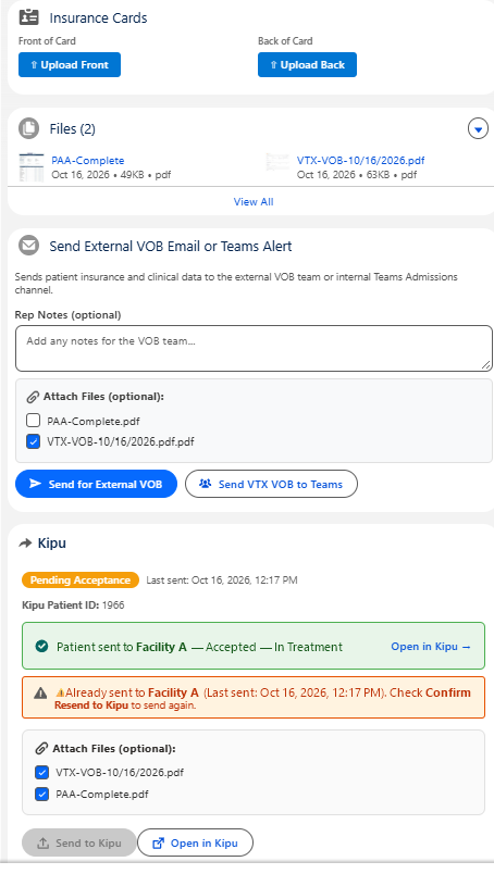 VOB to admit: Insurance cards and the VOB PDF on the record, a VOB request to the external team or a Teams alert to admissions, then Send to Kipu with the files attached.