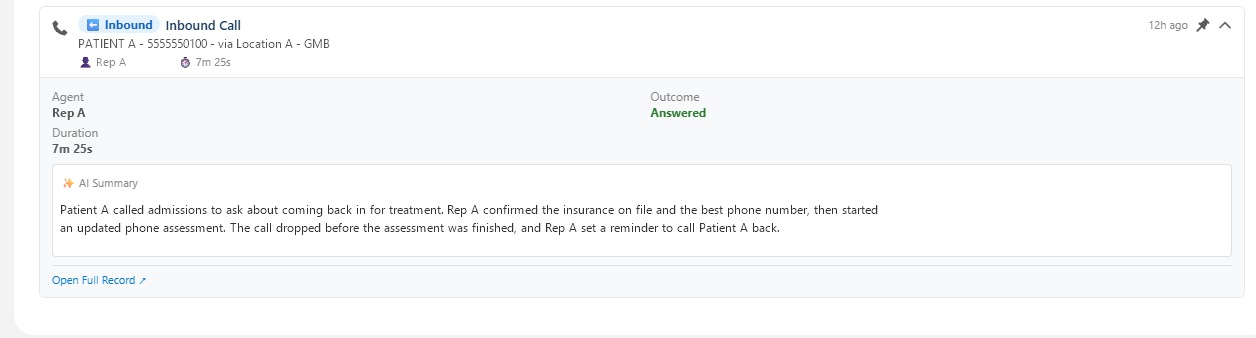 The summary, one click away: Expand a call in the feed to read the AI summary before calling back.