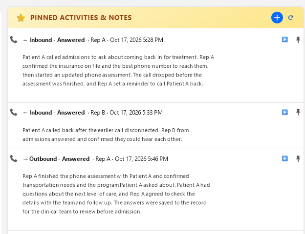 Pinned calls and notes: The calls that matter pinned beside the record, with their summaries.