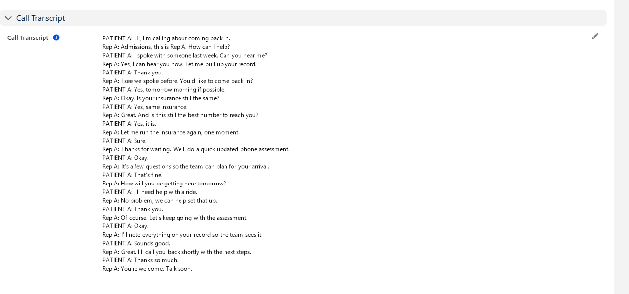 The full transcript: Too long for a Salesforce task, so it lives on the custom call activity object.