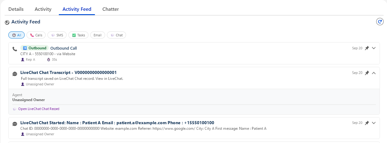 Every touch on one timeline: Calls, texts, tasks, emails and chats in one activity feed on the lead, with the chat start and the saved transcript as their own entries.