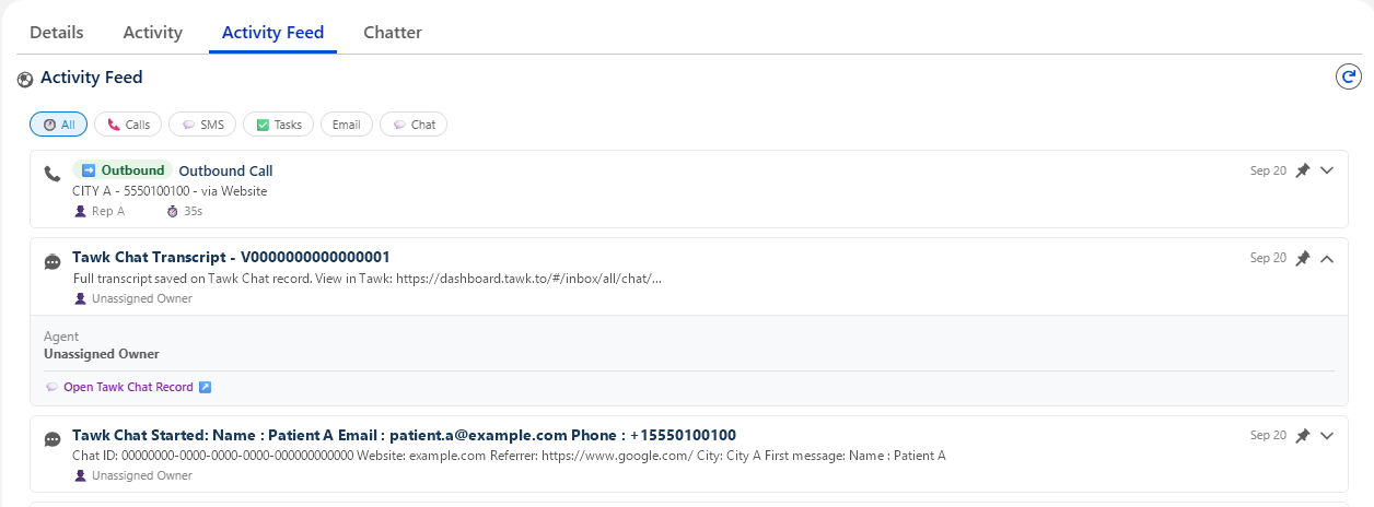 Every touch on one timeline: Calls, texts, tasks, emails and chats in one activity feed on the lead, with the chat start and the saved transcript as their own entries.