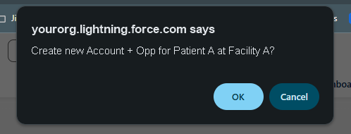 No match? Create it: One click creates the patient account and the opportunity in Salesforce, already linked to Kipu.