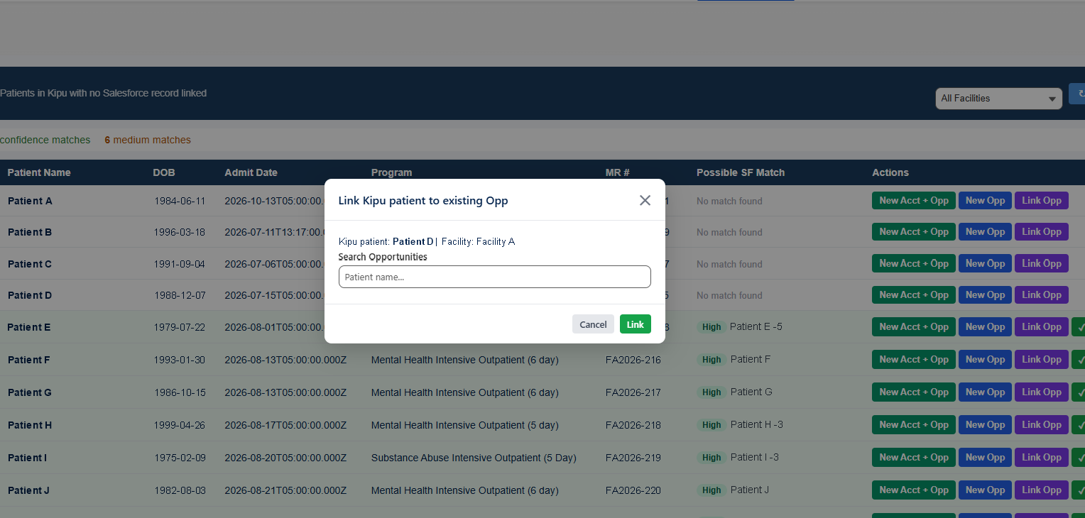 Already in Salesforce: Search the opportunities and link the Kipu patient to the right one, so it stops showing up as unlinked.