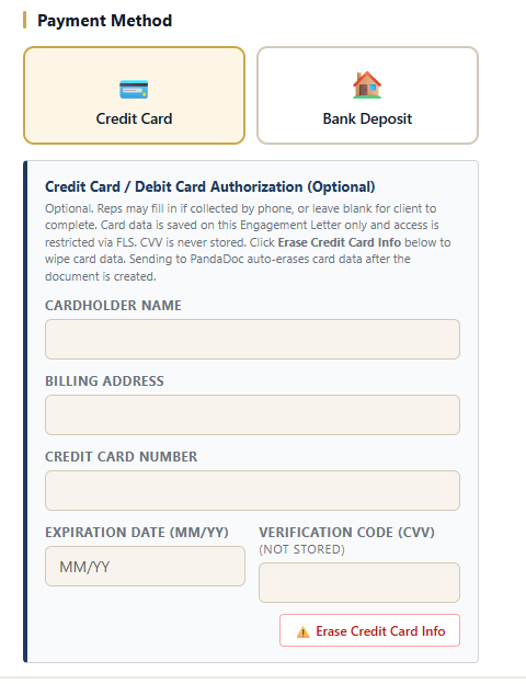 Card authorization, handled carefully: Credit card or bank deposit. Card details are optional, saved only on the engagement letter with access restricted, the CVV is never stored, and card data is erased with one click or automatically once the document is sent for signature.