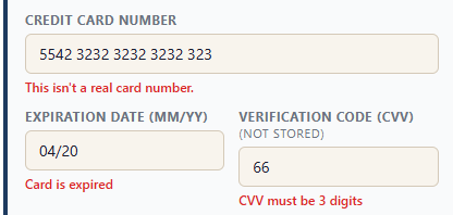 Errors caught as you type: Invalid card numbers, expired dates and a CVV with the wrong number of digits are flagged before anything is saved or sent.