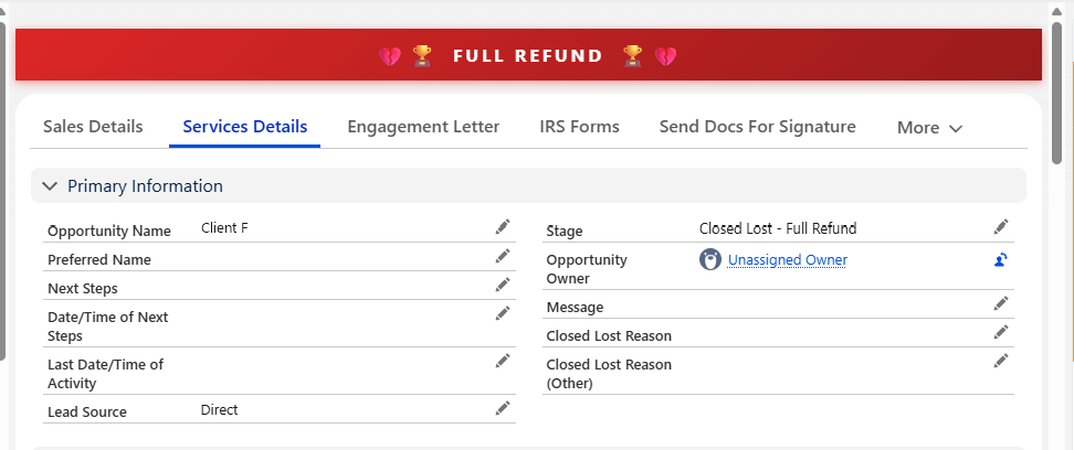 Full refund, flagged: When a payment is fully refunded, the stage moves to Closed Lost – Full Refund and the record says so in a banner.