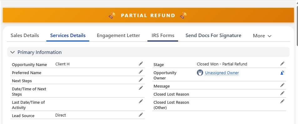 Partial refund, flagged: A partial refund keeps the deal won, marked Closed Won – Partial Refund, so revenue reports stay accurate.