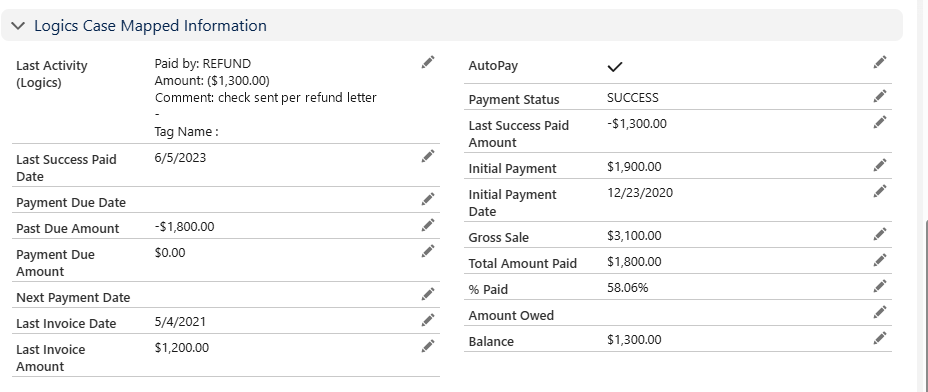 Payment data on the record: Payment status, last payment, initial payment, gross sale, total paid, percent paid and balance, synced onto the opportunity, including refunds.