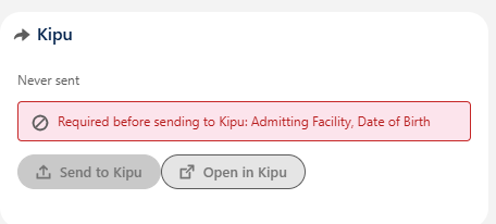 Checked before it is sent: Missing fields are named on the record, so an incomplete patient does not reach Kipu.