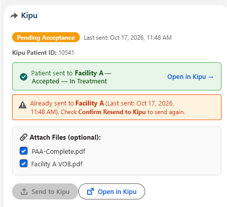 Sent to Kipu: The Kipu patient ID, the status, the documents attached and a link straight into Kipu.