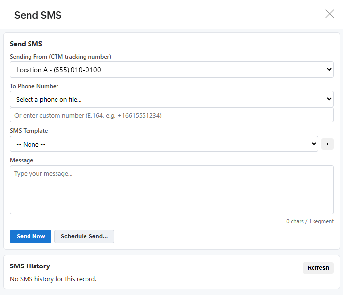 Send a text from the record: Pick the tracking number to send from, a phone on file or another number, and a template. Send now or schedule it, with the text history below.
